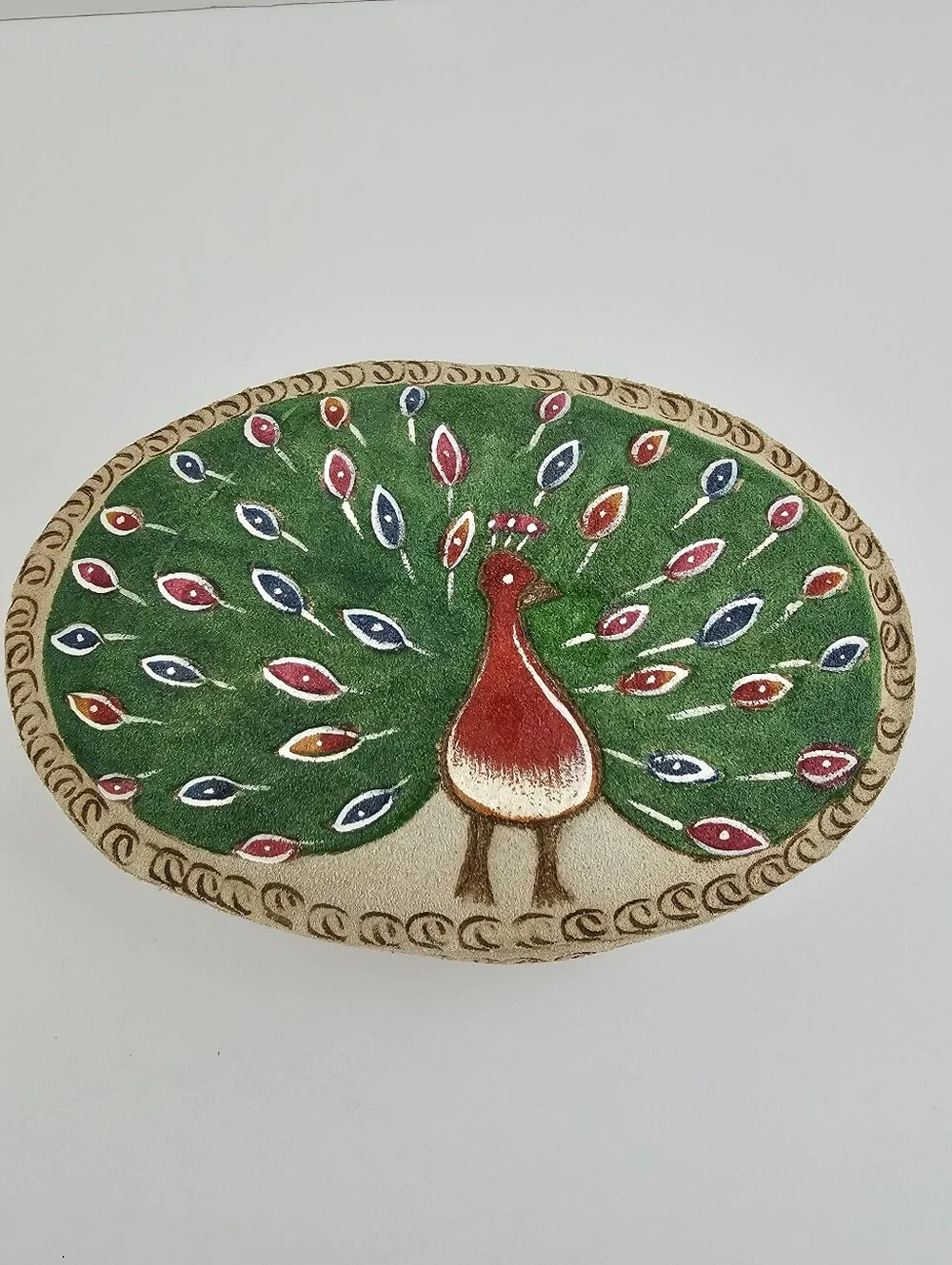 Vintage Tooled Suede Leather Peacock Trinket Box Personalized Adriene Red Velvet
